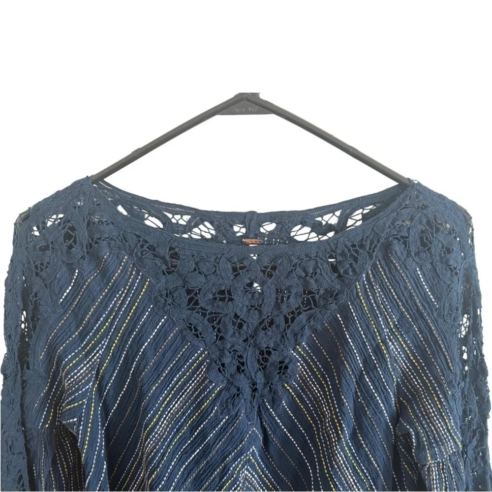 Free People Floating Memories Navy Crochet Cotton Lace Balloon Sleeve Top Small